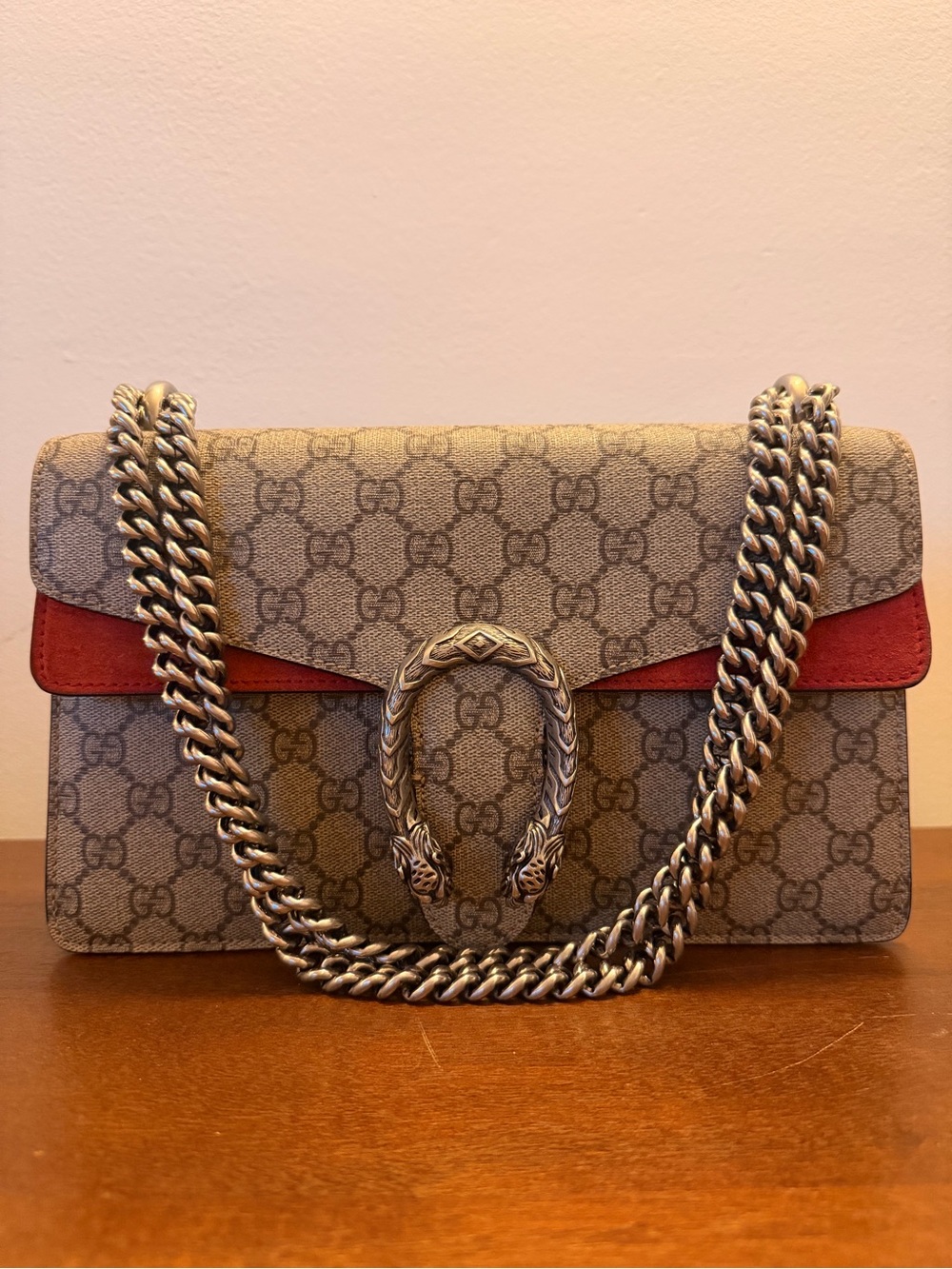 Gucci GG Supreme Dionysus Shoulder Bag in Beige and Red Suede Trim